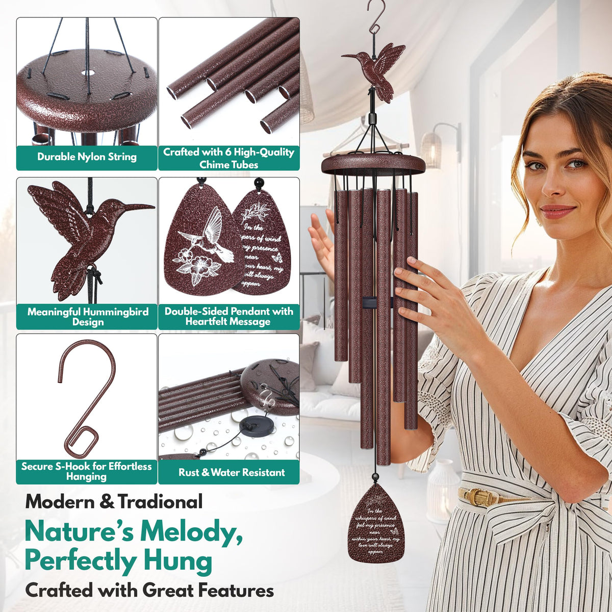 Hummingbird Memorial Wind Chimes for Loss of Loved One (Bronze - Hummingbird)