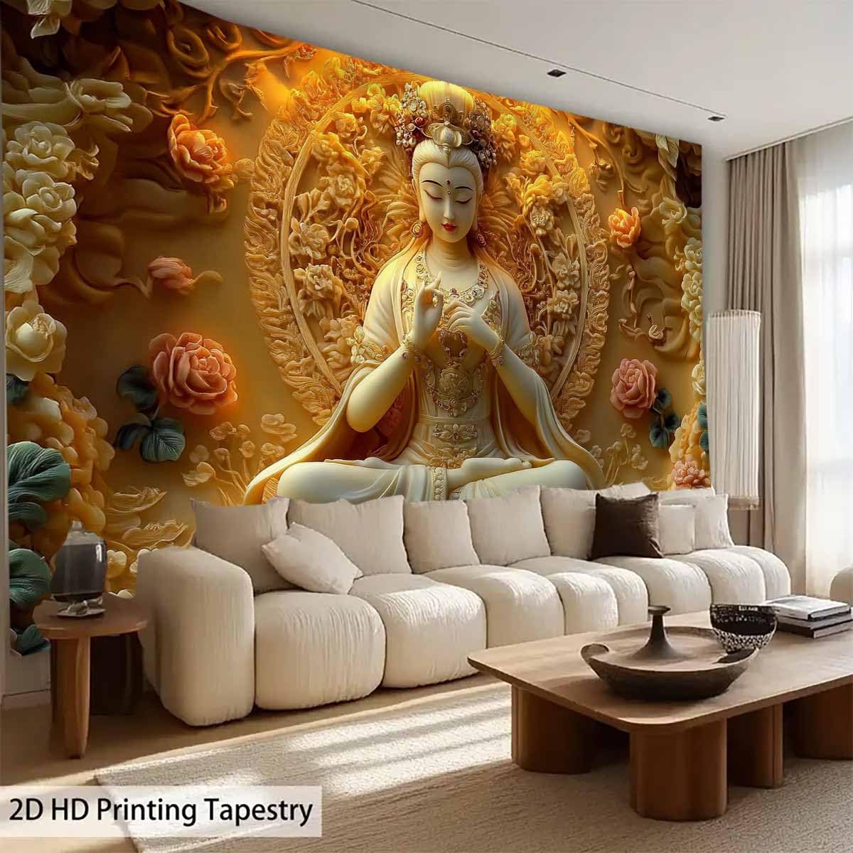Sitting White Buddha Tapestry Wall Hanging Buddhist Statue With Flower Meditation Wall Decor Zen Art Psychedelic Indian Wall Blanket for Bedroom Living Room Home Decor (White / 90"L x 71"W)