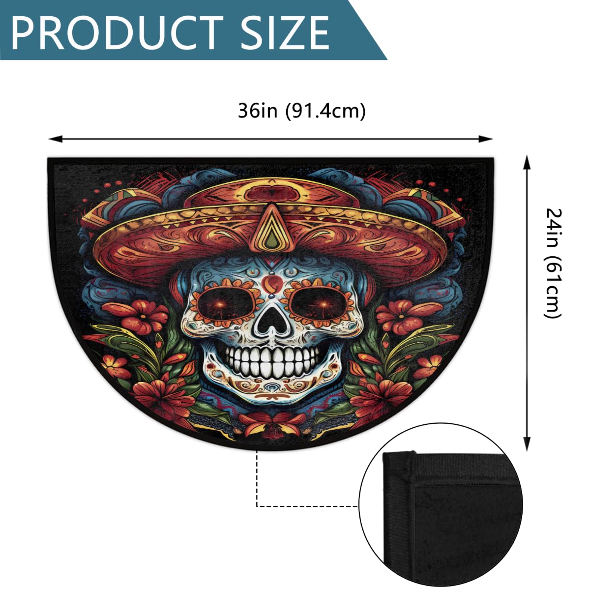 Skull Half Round Doormat Washable Semi Circle Rug Kitchen Outdoor Rugs (A07skull Halloween)