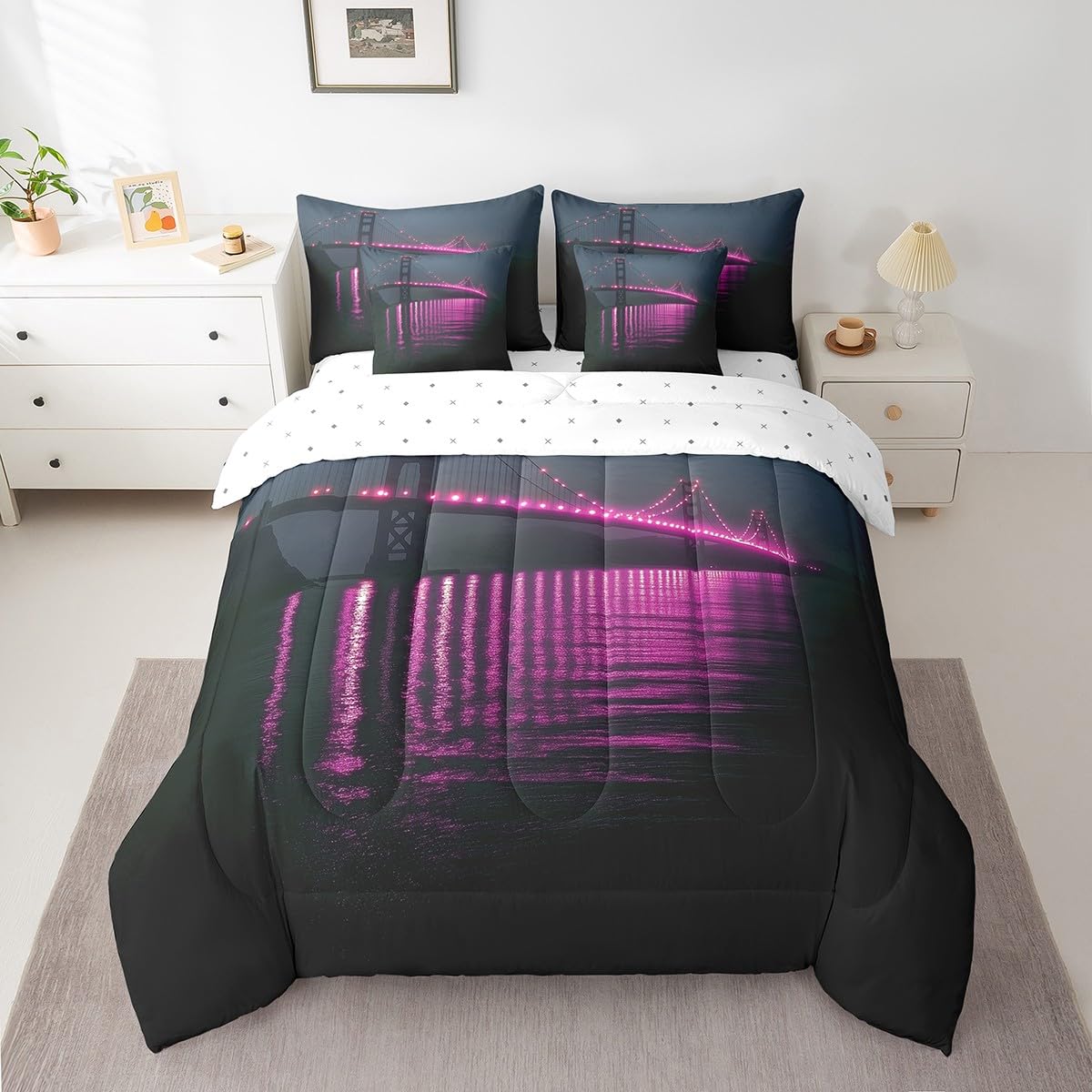Golden Gate Bridge Comforter Set with Sheets King Size Kids Nightscape 7 Piece Bedding Set All Season Teens City Scenery Bed in A Bag Breathable Soft Black and Purple Room Decor (Dull Black and Purple / King)