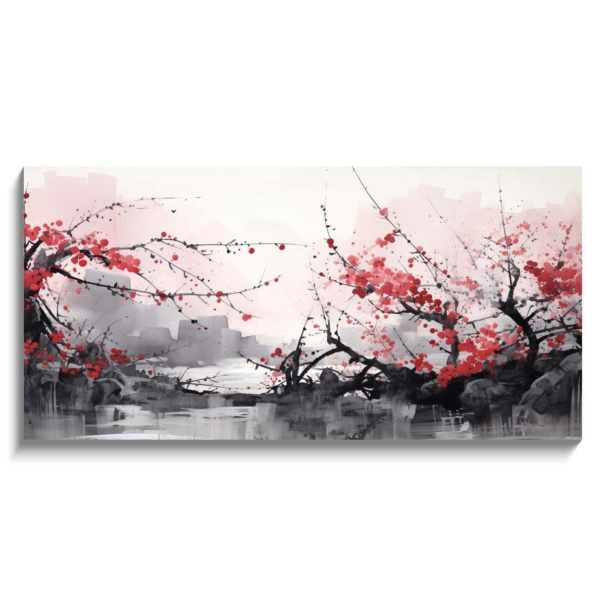 3PCS Asian Ink Style Cherry Blossom Canvas Wall Art Red Plum Flower Landscape Minimalist Zen Nature Scene Oriental Watercolor Artwork for Bedroom Living Room Office or Meditation Space Decor (Red-One Piece-2 / 16x8 inches (1 piece))