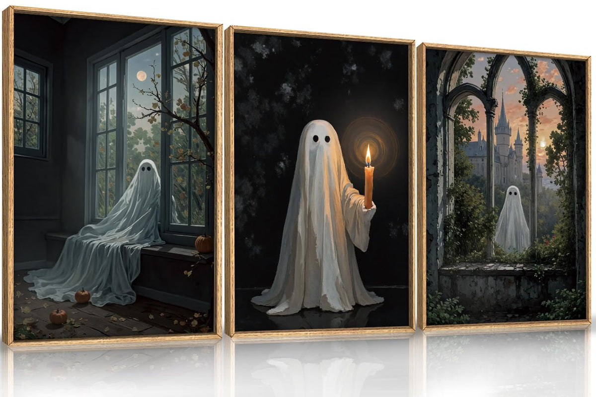 Large Halloween Cute Ghost Framed Canvas Wall Art Set (Halloween Cute Ghost Wall Art / 36"L x 24"W)
