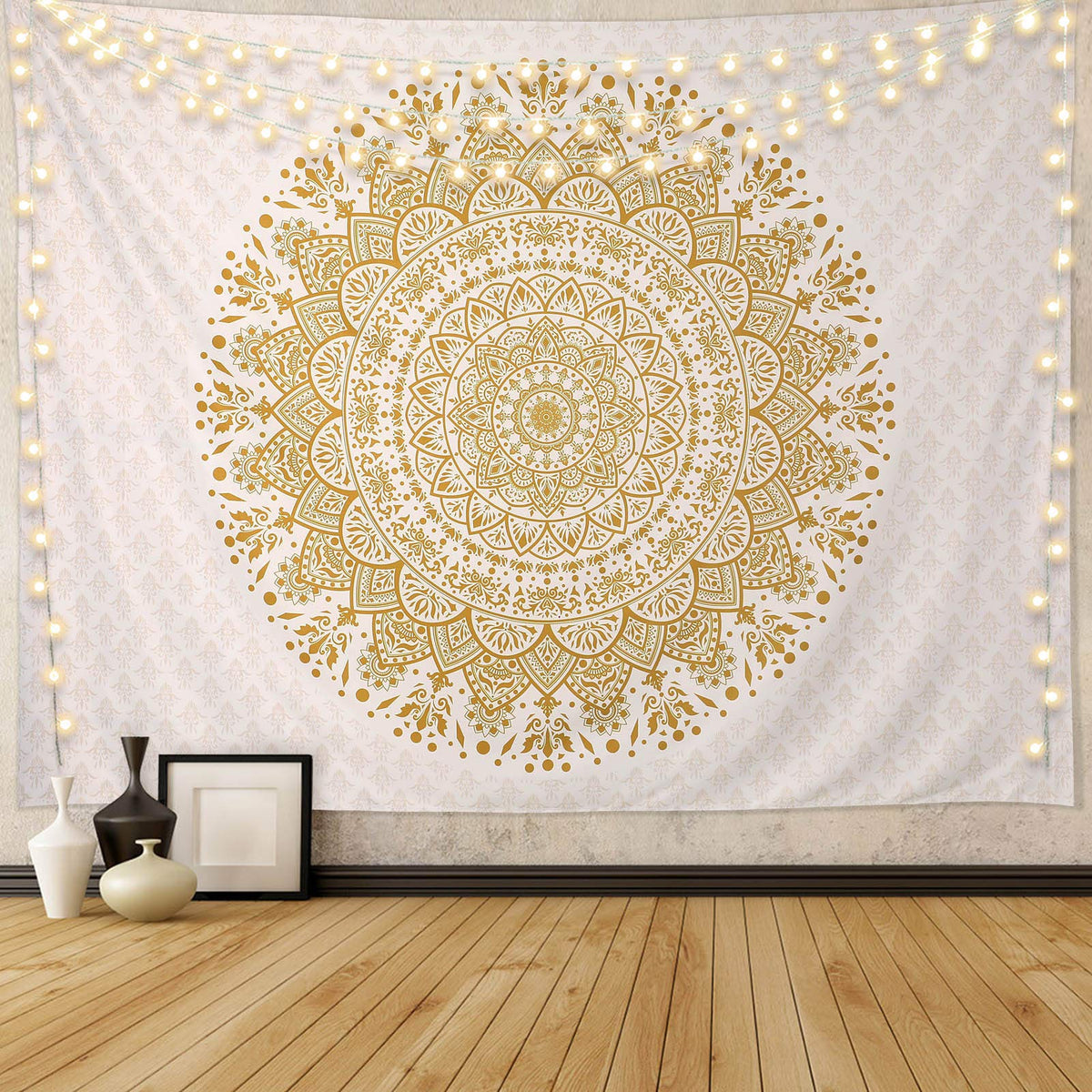 White and Gold Mandala Tapestry Wall Art for Living Room (91"L x 71"W / Mandala Tapestry-3)