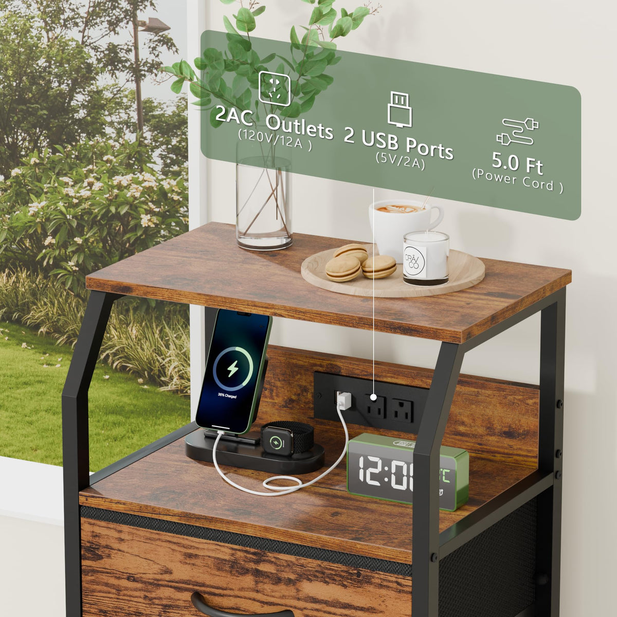 5 Drawers Dresser with Charging Station (5 Drawer / Rustic Brown)
