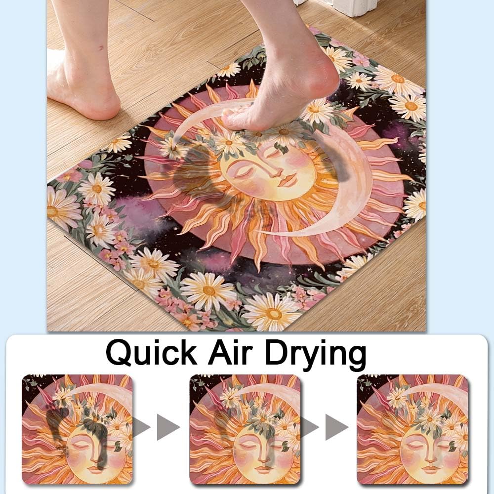 Bath Mat Bathroom Rug (Pink Flowers Sun Moon / 20 x 31 inches)