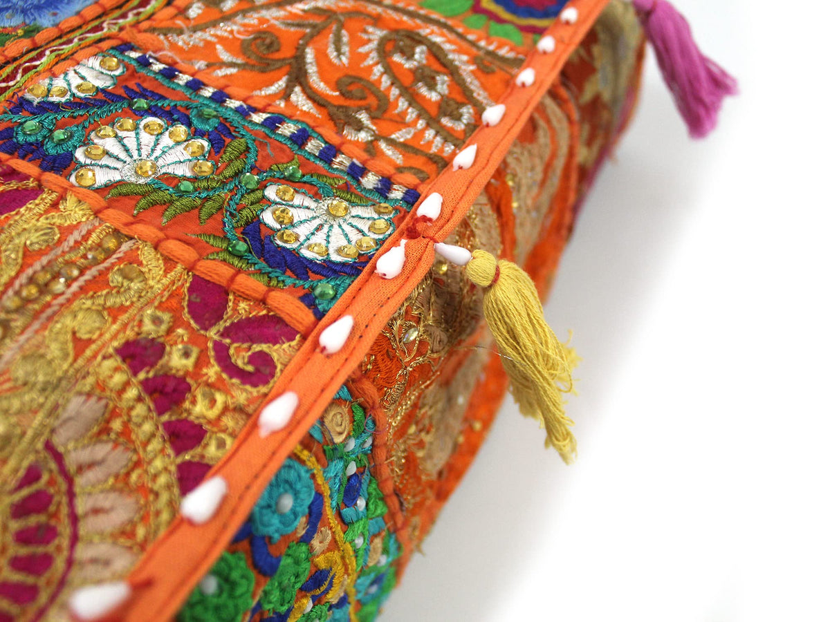 Indian Square Patchwork Traditional Pouf Cover Indian Living Room Poufs Decorative Embroidered Designer Ottoman Home Living Footstool Chair Cover Decor Pillow Cover 16x16x5 inches (16"D x 16"W x 5"H / Orange)