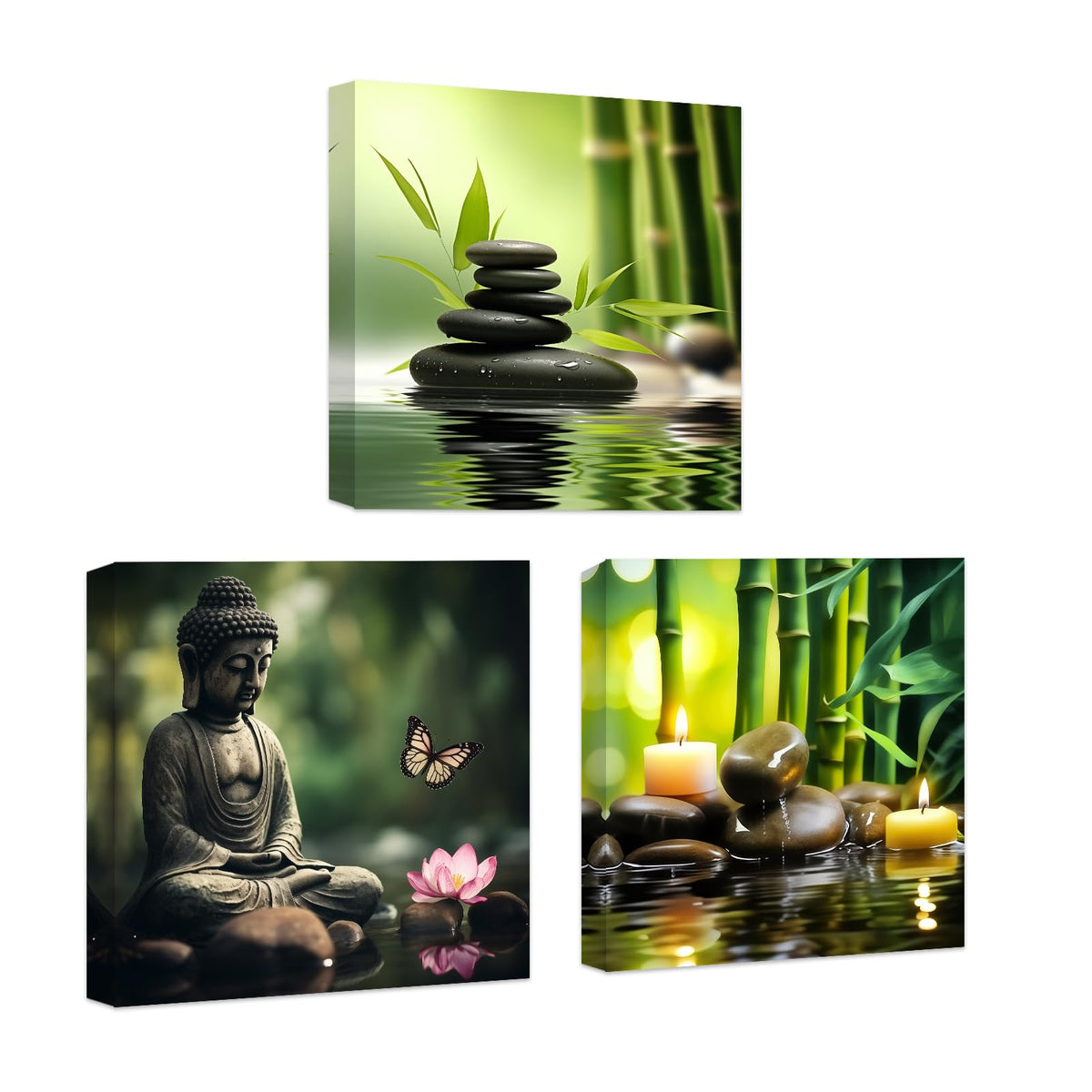 Zen Canvas Wall Art 3 Piece Bamboo Spa Pictures Zen Stones Candles Painting Buddha Print Beauty Treatment Meditation Room Decor Framed (B / 16"x16"x3)