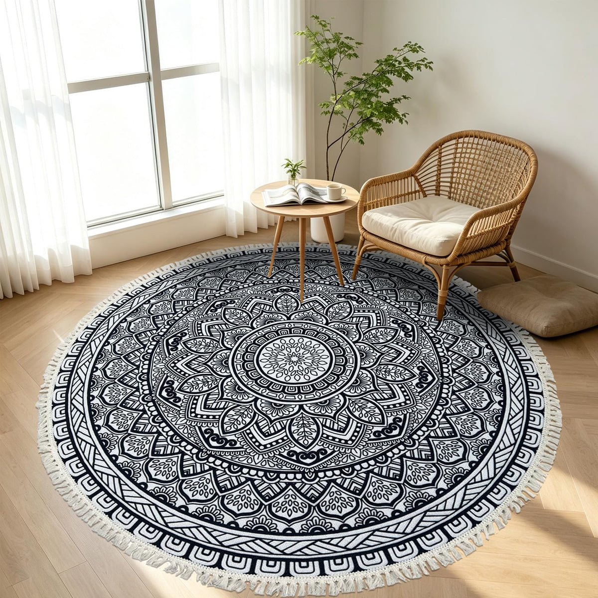 Round Rug 5Ft Circle Boho Washable Farmhouse Bedroom Carpet (Boho Flower 2 / 5' (Round))