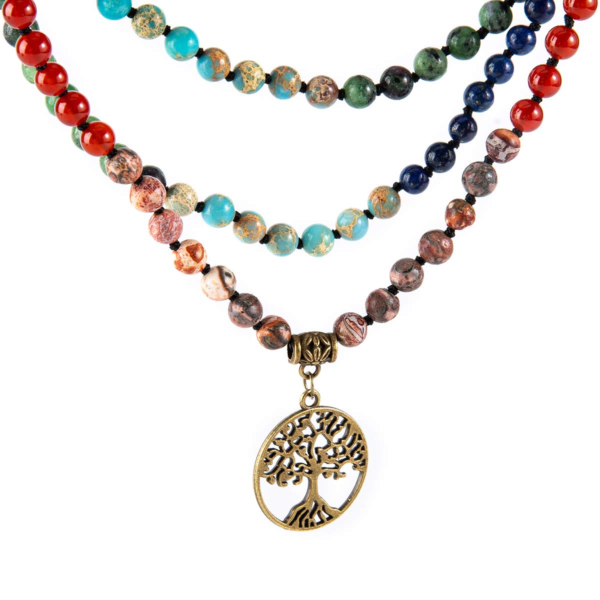 7 Chakra 108 Mala Beads Bracelet Real Gemstone Yoga Meditation Hand Knotted Mala Prayer Bead Necklace (6mm / beaded, traditional, 7-chakra, tree of life)