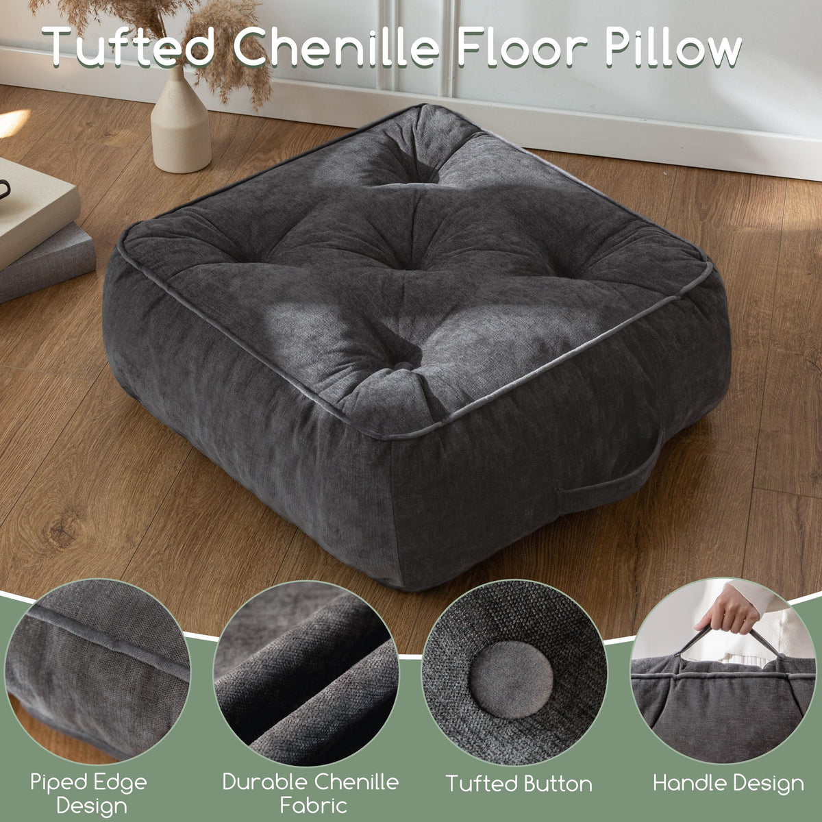 8" Extra Thick Floor Pillow Cushion for Adults (8" Thick(Pack of 2) / Square Dark Grey)