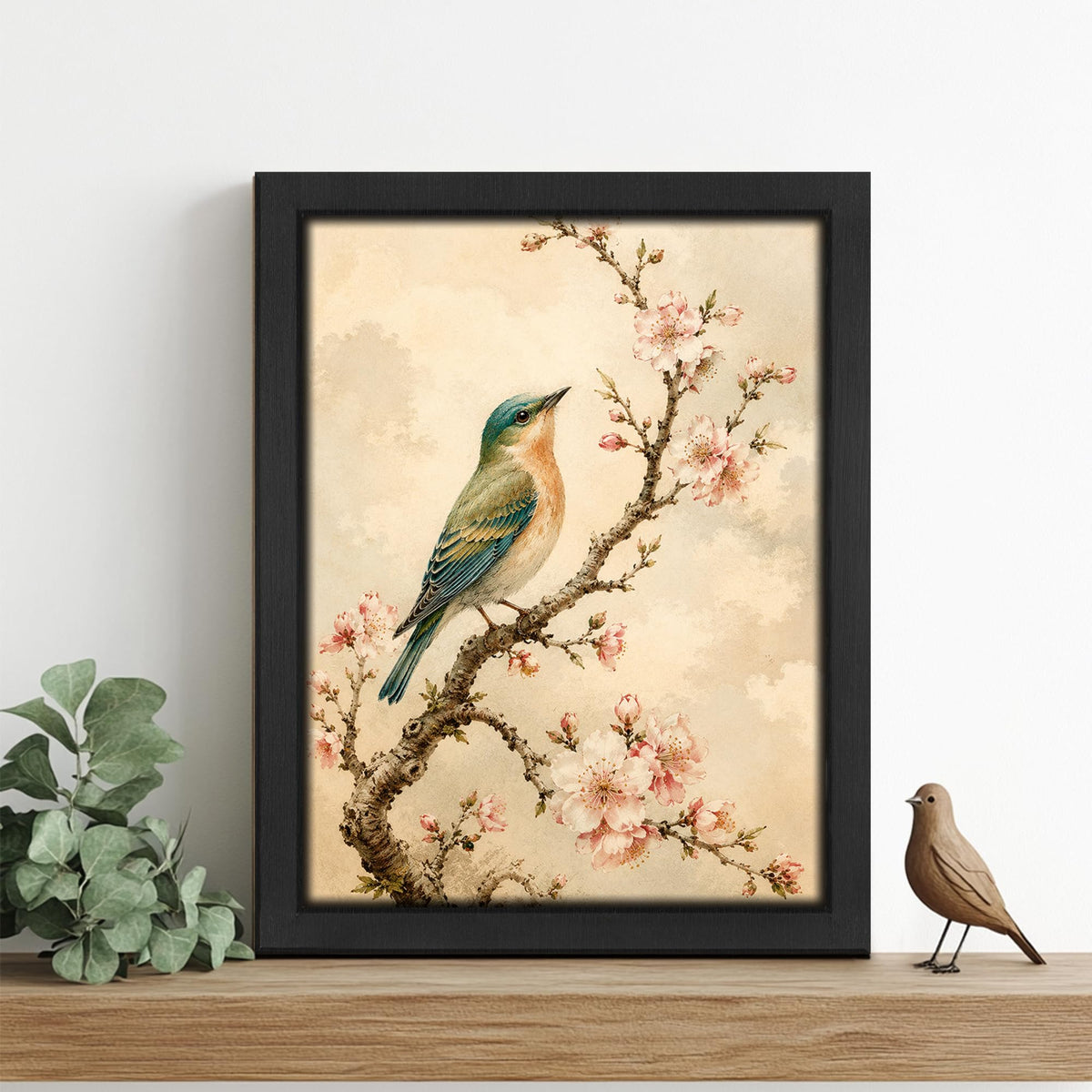 Vintage Bird Floral Decor Wall Art Rustic Cherry Blossom Picture 8"x10" (Wall Art Framed 20 / 10"L x 8"W)