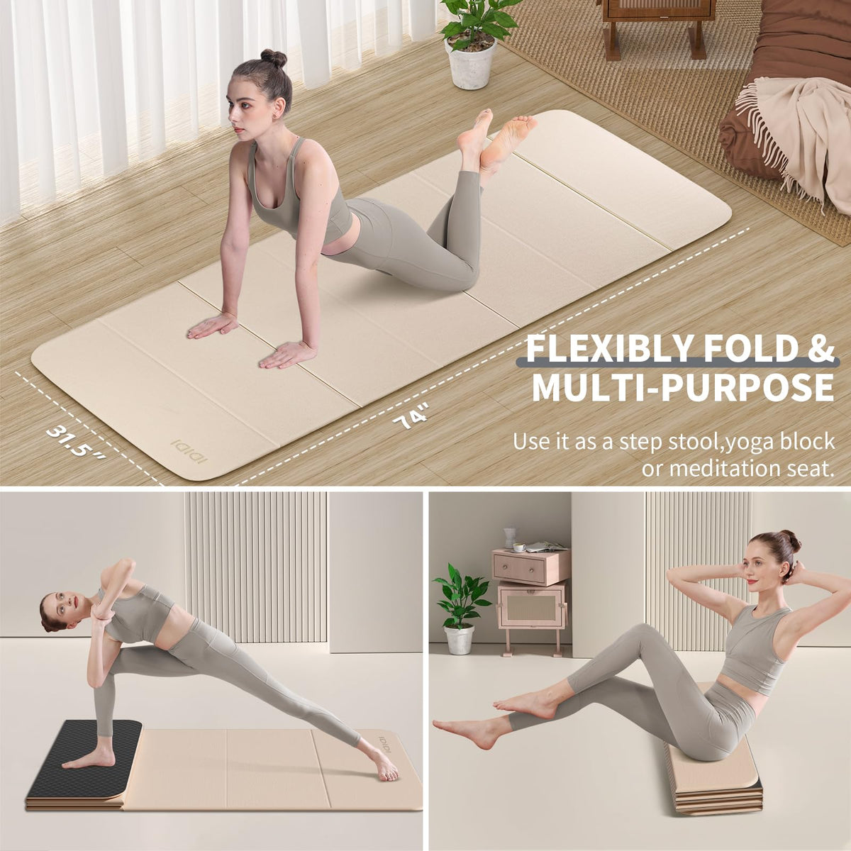 Foldable Yoga Mat Extra Large Wide 74"×31.5" (Beige+Black)