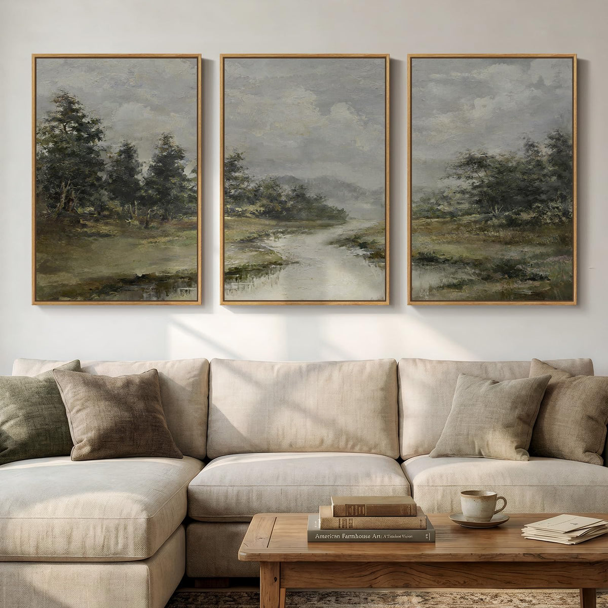 3 Piece Large Framed Vintage Landscape Wall Art for Living Room (Green and Gray / 24" W x 36" H x 3Pcs)