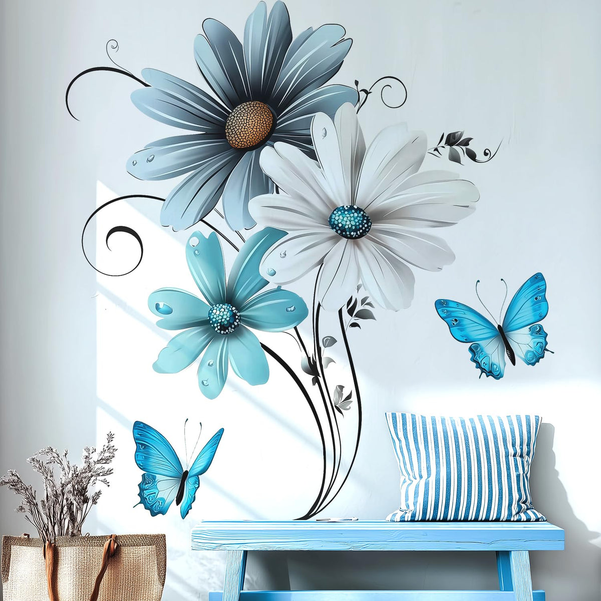 Rustic Floral Flower Blue White Daisy Butterfly Wall Decals Decor Stickers (Botanical, Floral, Modern Farmhouse, Country Style)