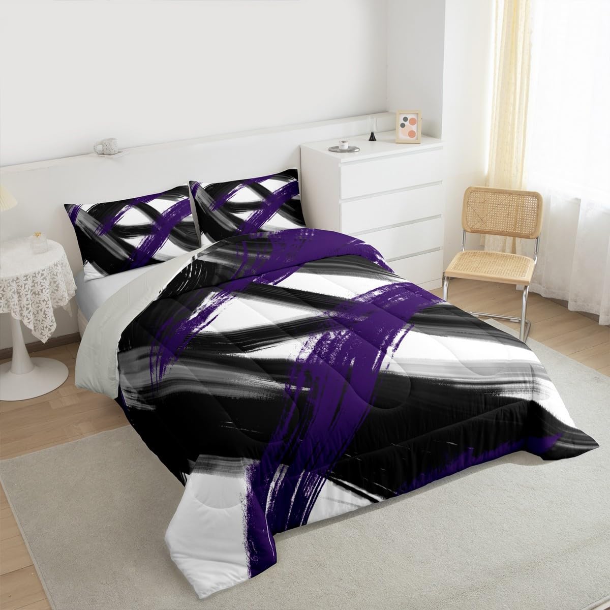 Black Purple Comforter Set Twin Size Abstract Geometric Bedding Set for Boys Girls Modern Minimalist Duvet Quilt Room Decor Breathable Soft Microfiber All Season 2Pcs with 1 Pillow Case (Multi 45689 / Twin)