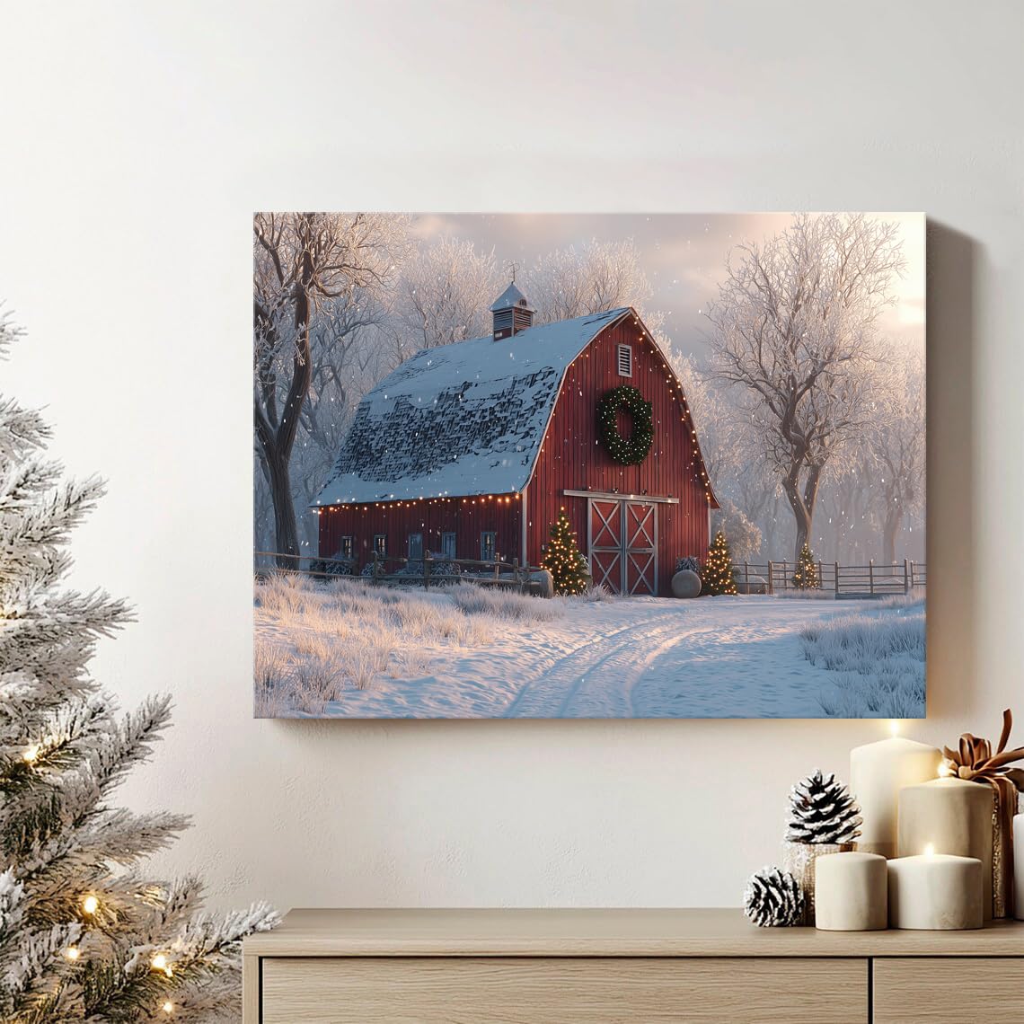 Christmas Farmhouse Canvas Wall Art Red Barn Pictures Wall Decor Christmas Tree Poster Vintage Snowy Country Prints Artwork Winter Snow Scenic Painting for Living Room Bedroom Home Decorations 12x16" (16"L x 12"W / Xmas Barn)