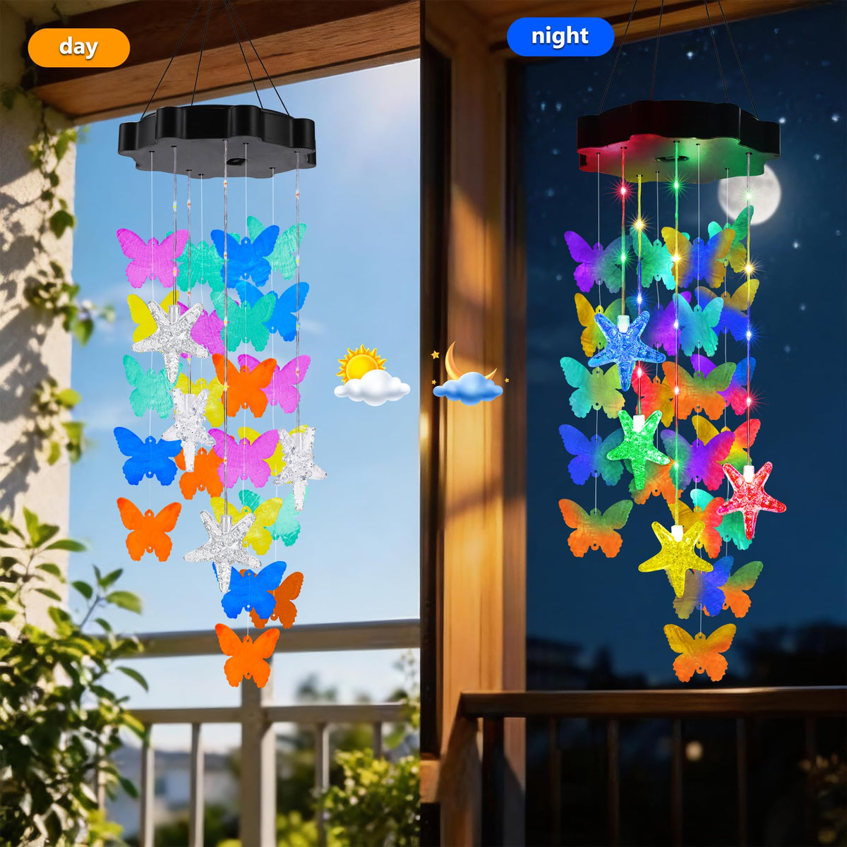 Hanging Outdoor Solar Butterfly Shell Wind Chimes (Multicolor-2)