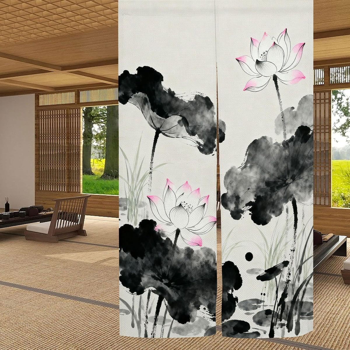 Japanese Noren Doorway Curtain Chinese Lotus Door Curtains 33.5x47.2inch (Grey / 33.5"W x 47.2"L (Pack of 1))