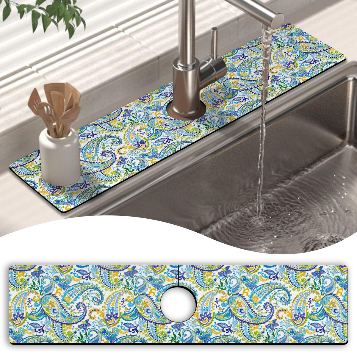 Kitchen Sink Splash Guard Faucet Mat 24" X 5.5" Paisley Absorbent Fast Drying Mat Faucet Draining Mat Sink Splash Guard Behind Faucet Drip Catcher for Kitchen Bathroom (24*5.5in / paisley02)