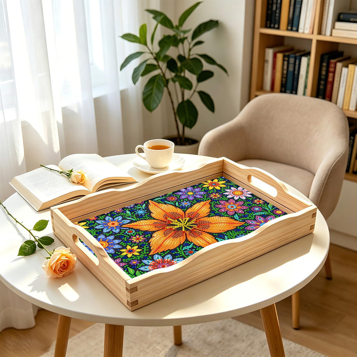 Flower Diamond Art Tray with Handles Arts and Crafts Home Decor 7.8×11.8 in (Flower)