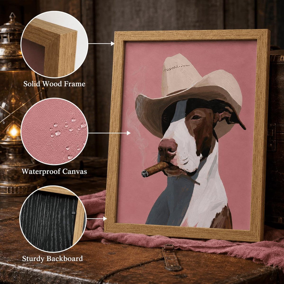 Wood Framed Cowboy Dog Smoking Wall Art Vintage Western Animal Decor (Smoking dog / 10"L x 8"W)