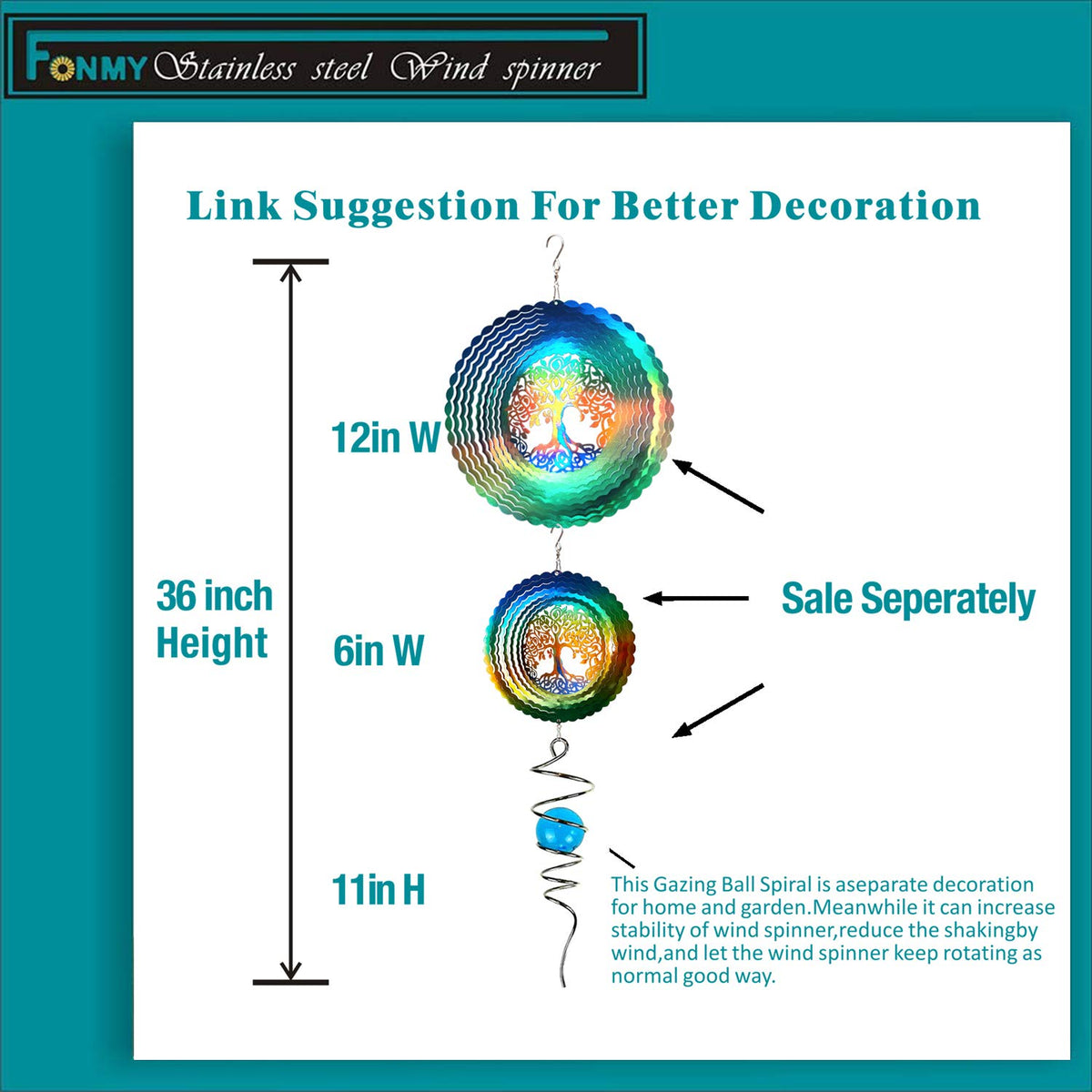 Stainless Steel Wind Spinner Worth Gift Indoor Outdoor Garden Decoration Crafts Ornaments (6inch / Mds02)