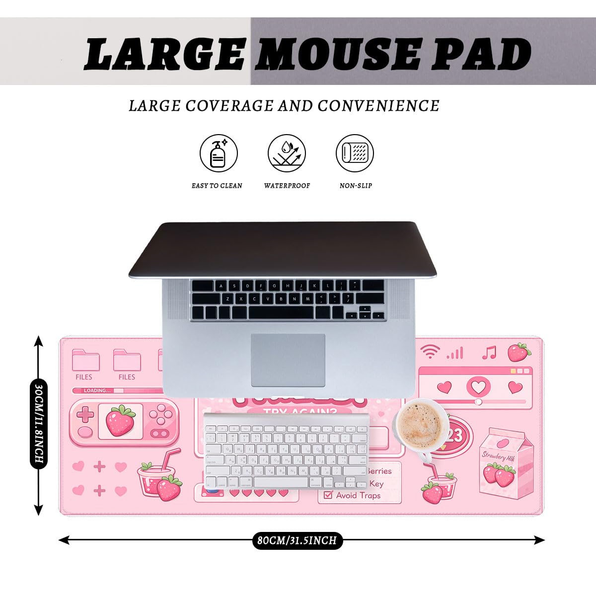 Cute Gamer Gaming Mouse Pad Strawberry Pink Kawaii Aesthetic Mousepad Extended Large Laptop Keyboard Non (31.5" x 11.8" / Cute Gamer)