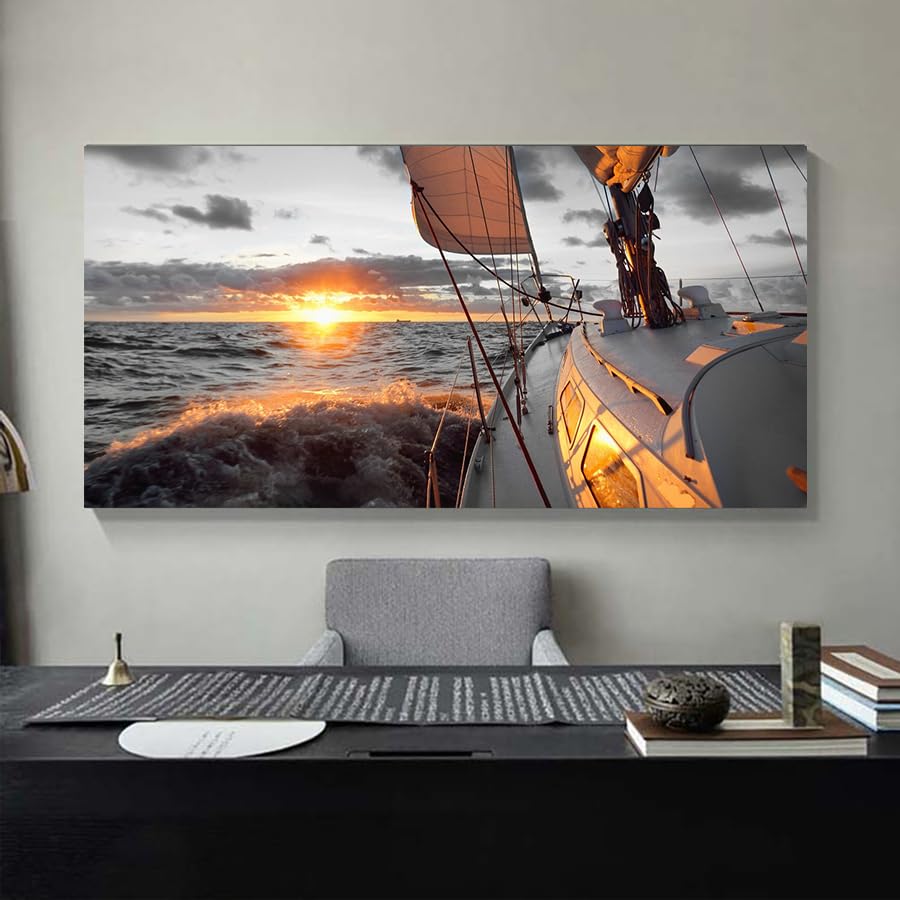Coastal Wall Art Black and White Sunset Boat Beach Painting Large Pictures Living Room Wall Art Bedroom Ocean Decor sailboat Canvas Prints Sailing Poster Office Artwork Framed Home Decor (AboaS / 48"L x 24"W)