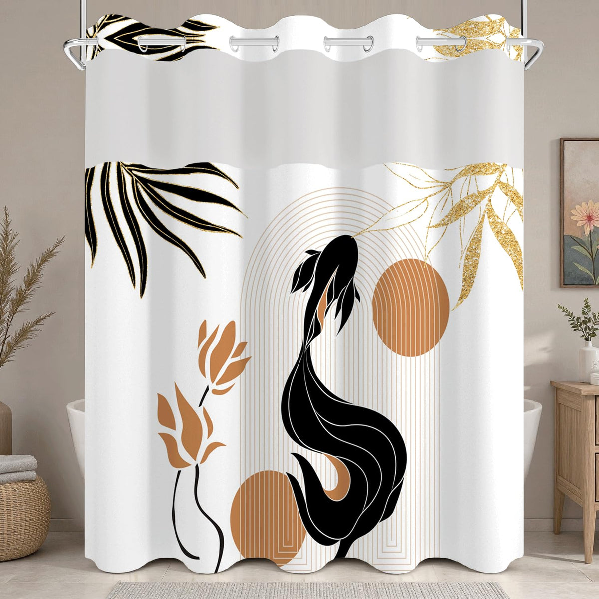 No Hook Shower Curtain and Liner Set (Abstract Koi Fish)