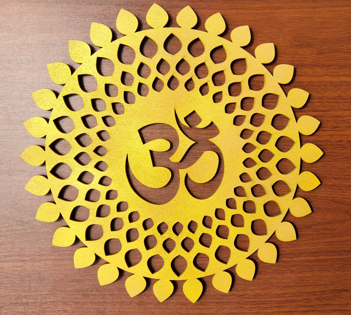 Golden Om Round Decorative Wall Art Mdf Wooden Om Chakra For Temple (MANDALA OM-Gold / 6"L x 6"W)