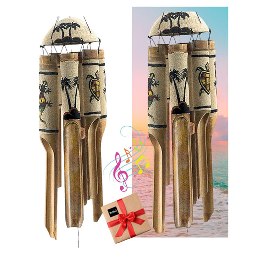 24629 Bamboo Wind Chimes Sea Sand Art Painting Palm Coconut Tree Gecko Sea Turtle Handmade Windchimes Outdoor Garden Patio Gifts 32 Inch (Black Sand)