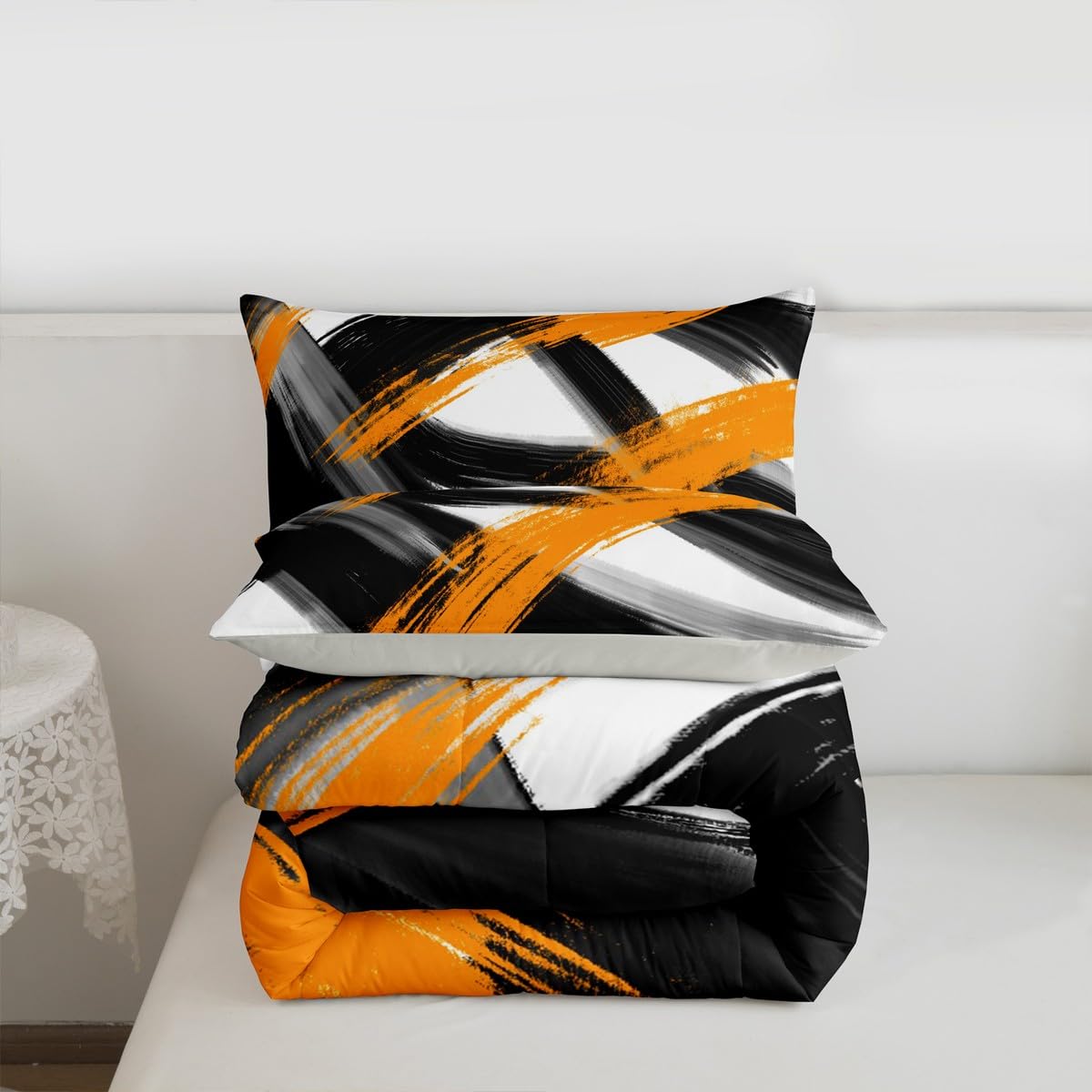 Black Orange Comforter Set Toddler Size Abstract Geometric Bedding Set for Boys Girls Modern Minimalist Duvet Quilt Room Decor Breathable Soft Microfiber All Season 2Pcs with 1 Pillow Case (Multi 45685 / Toddler)