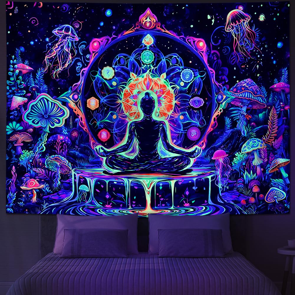 Blacklight Chakra Yoga Meditation Tapestry Mushroom Flower Wall Backdrop UV Reactive Mandala Tapestries Galaxy Space Jellyfish Tapestry Wall Hanging for Bedroom (78.7"L x 59.1"W / Chakra)