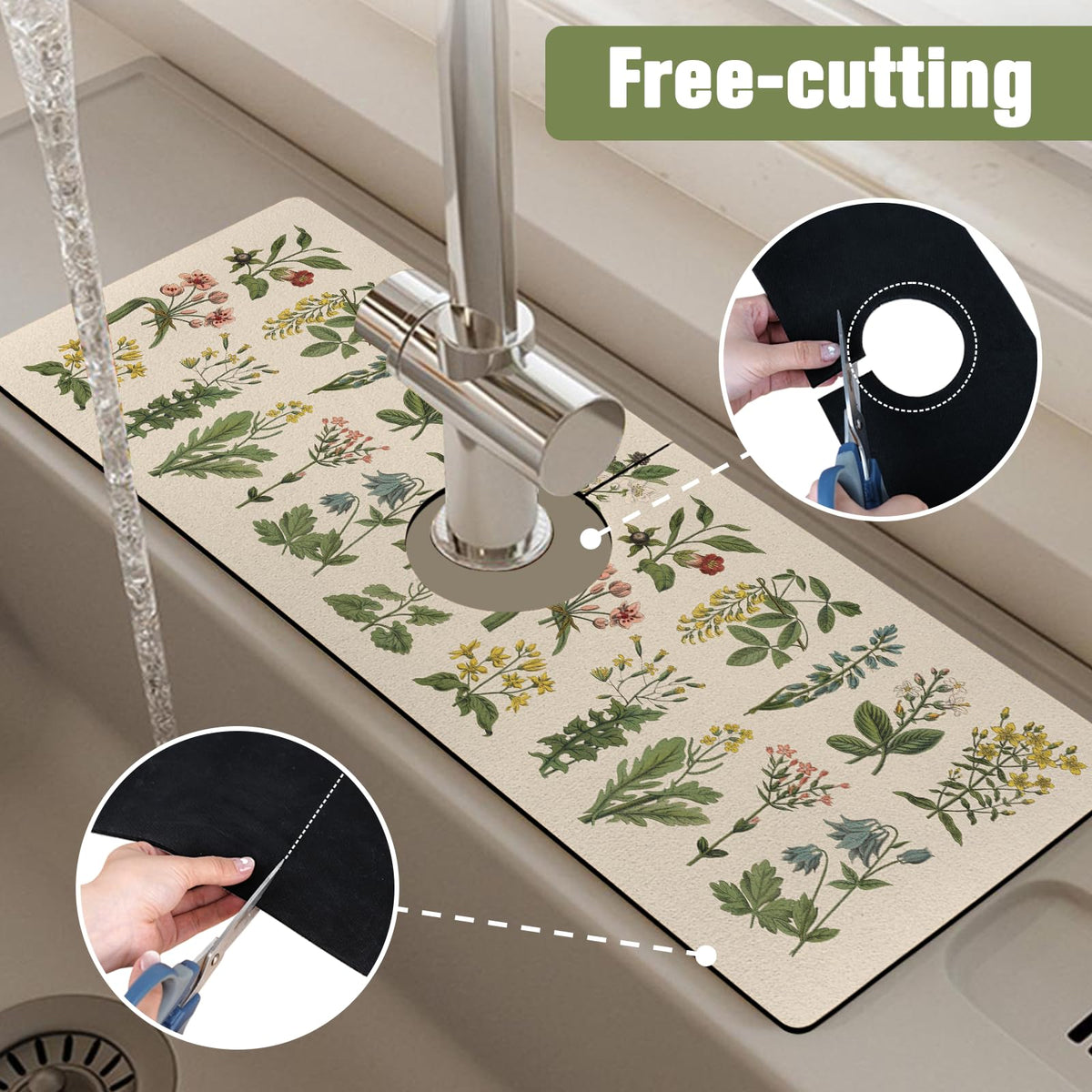 2 Pack 2 Pack Kitchen Sink Splash Guard Faucet Mat 24" X 5.5" Floral Absorbent Fast Drying Mat Faucet Draining Mat Sink Splash Guard Behind Faucet Drip Catcher for Kitchen Bathroom (24*5.5inx2 / Floral)