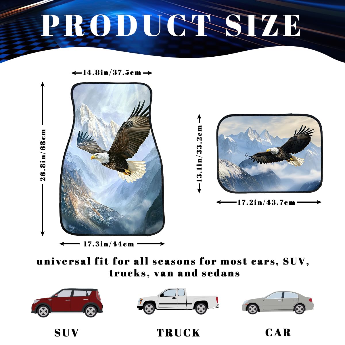 Eagle Car Floor Mats Set of 4 Rustic Sun Soaring Mountain Cloud Blue Sky Automotive Car Floor Carpets Non (26.8"L x 17.3"W x 0.4"Th / Eagle)