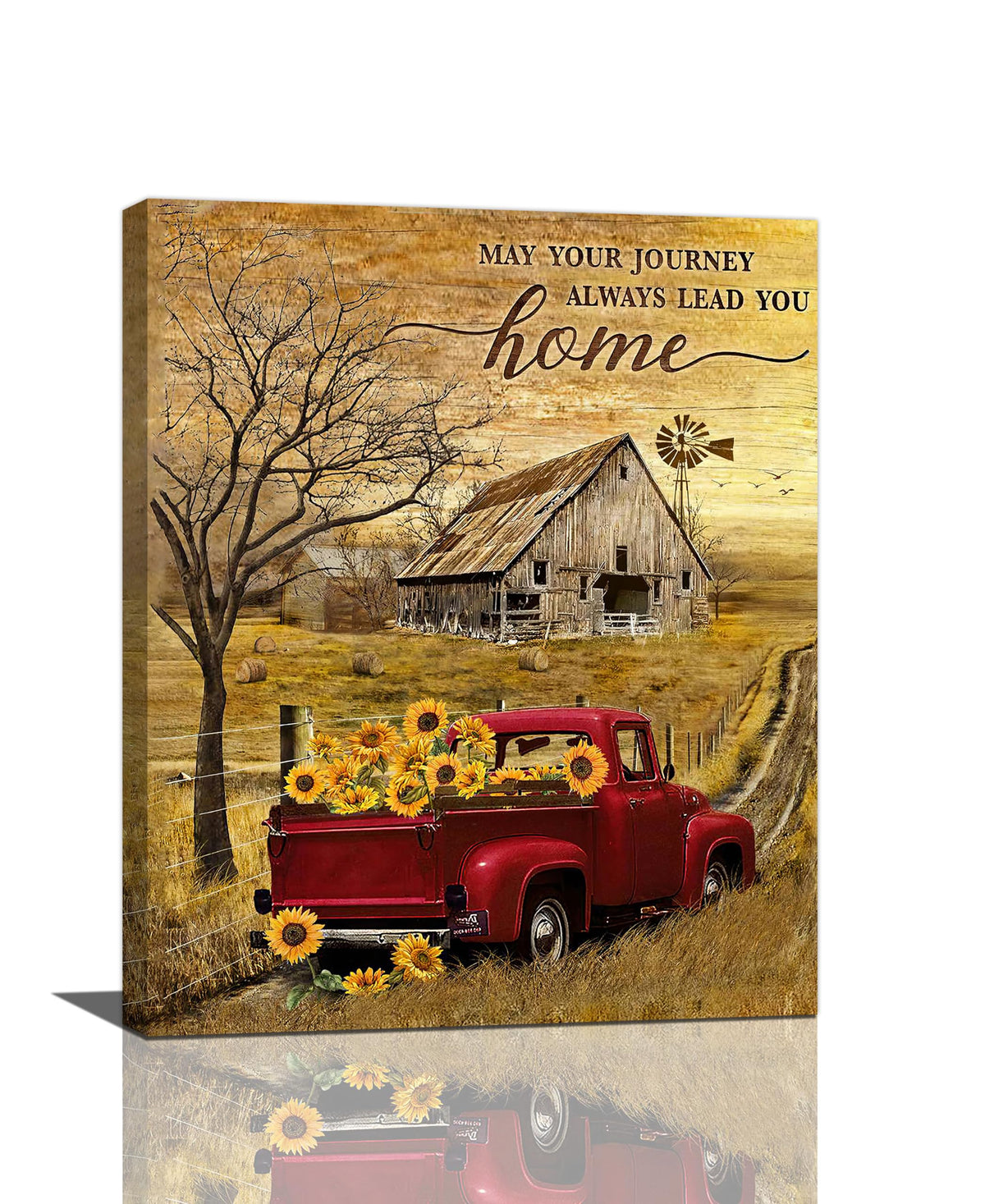 Farmhouse Red Truck Wall Art Rustic Truck Sunflower Pictures Decor Country Old Barn Windmill Painting Canvas Prints Home Framed Artwork Decoration for Kitchen Bathroom Bedroom Living Room 16"x20" (16L" x 20W" / Red Truck Sunflower)