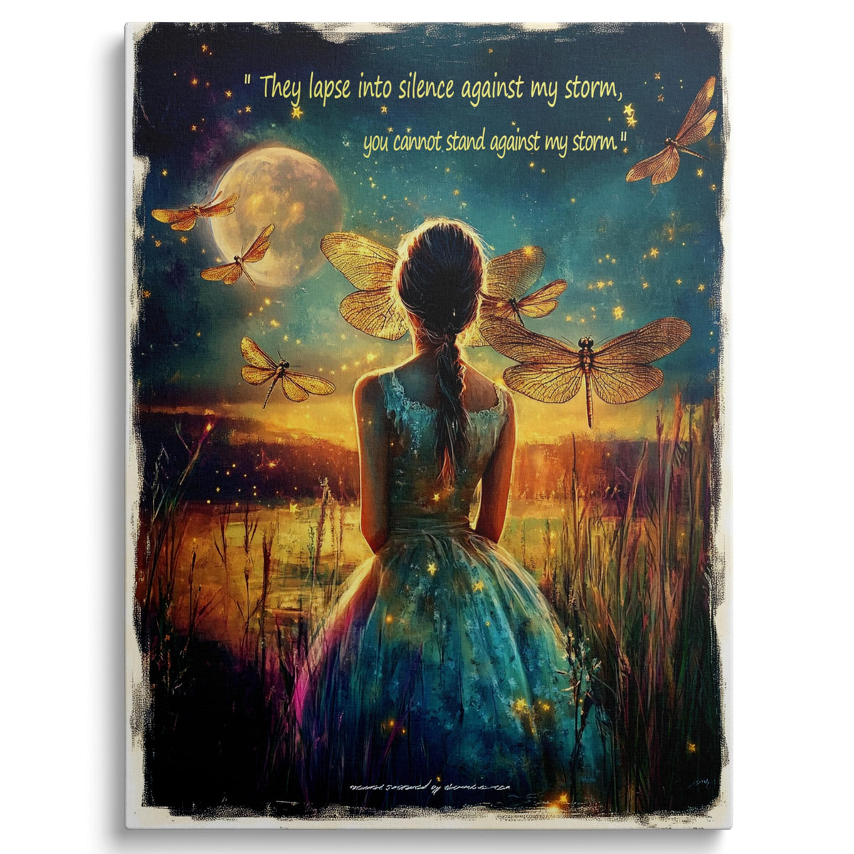 Framed Moon Girl Wall Art Dragonfly Canvas Inspirational Decor 12x16 Inches (Moon Girl / 16"L x 12"W)