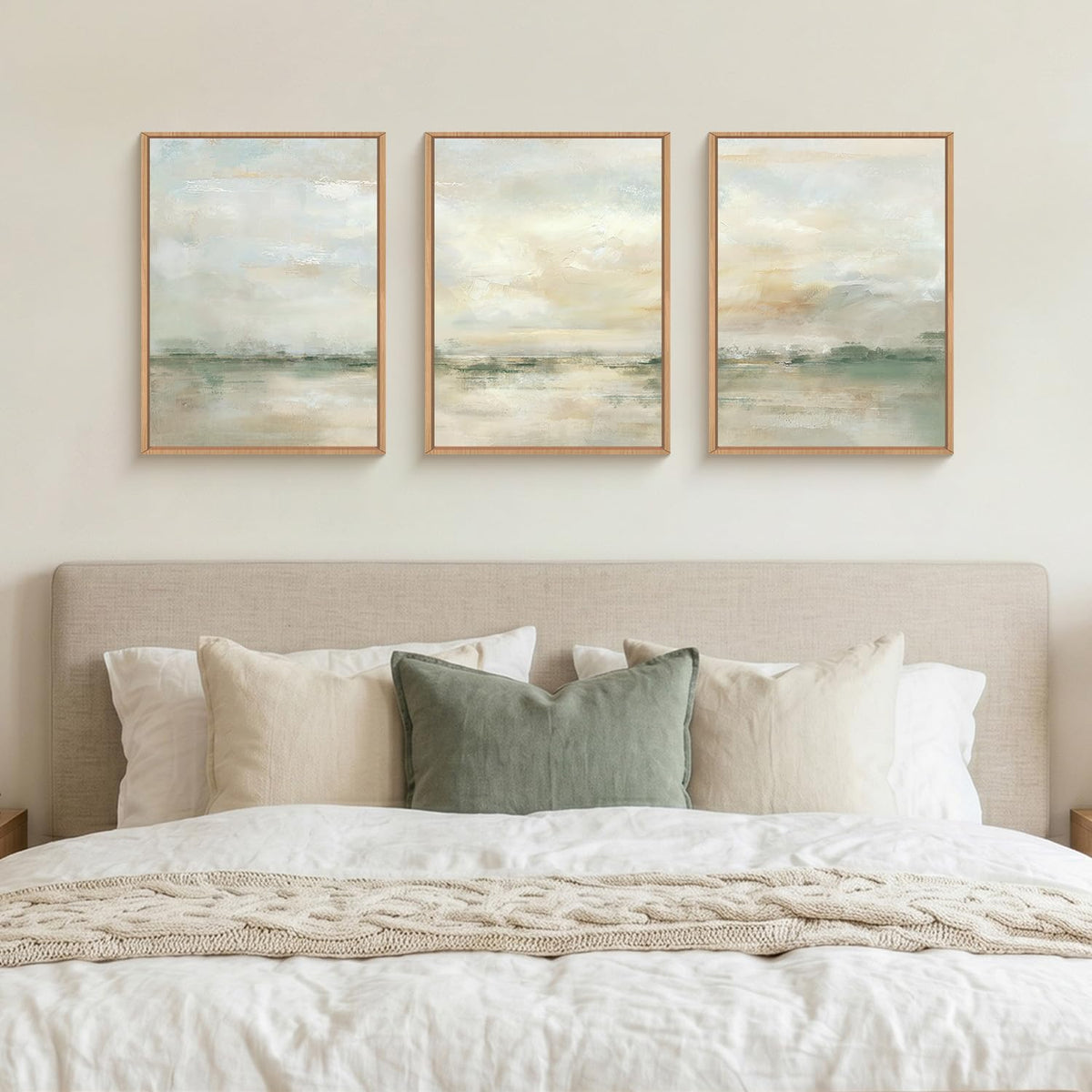 Abstract Green Gray Pastel Framed Canvas Wall Art (Neutral Green Wall Art / 12''x16''x3)