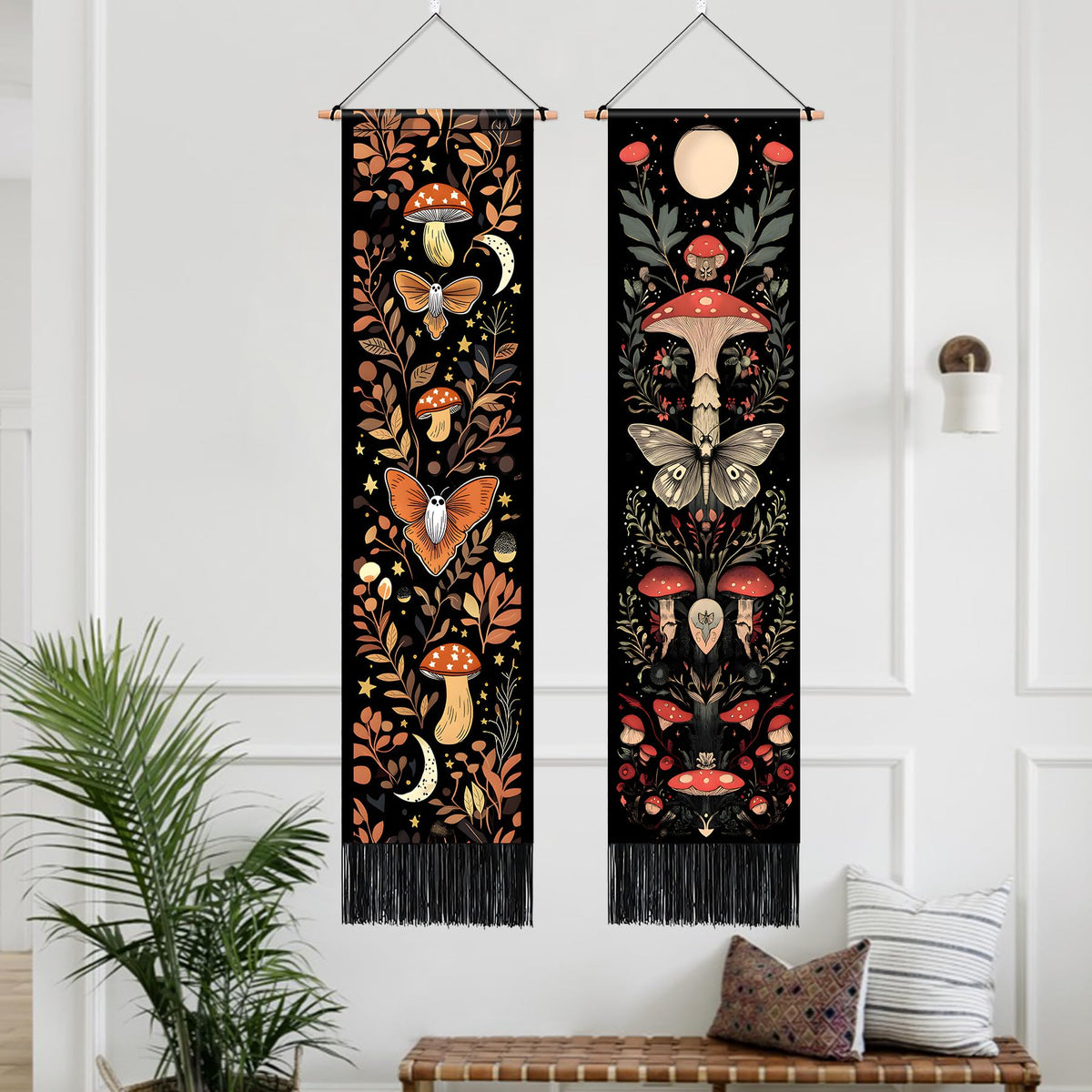 Pack of 2 Long Vertical Tapestry (Mushroom Butterfly / 13"Wx51"H)