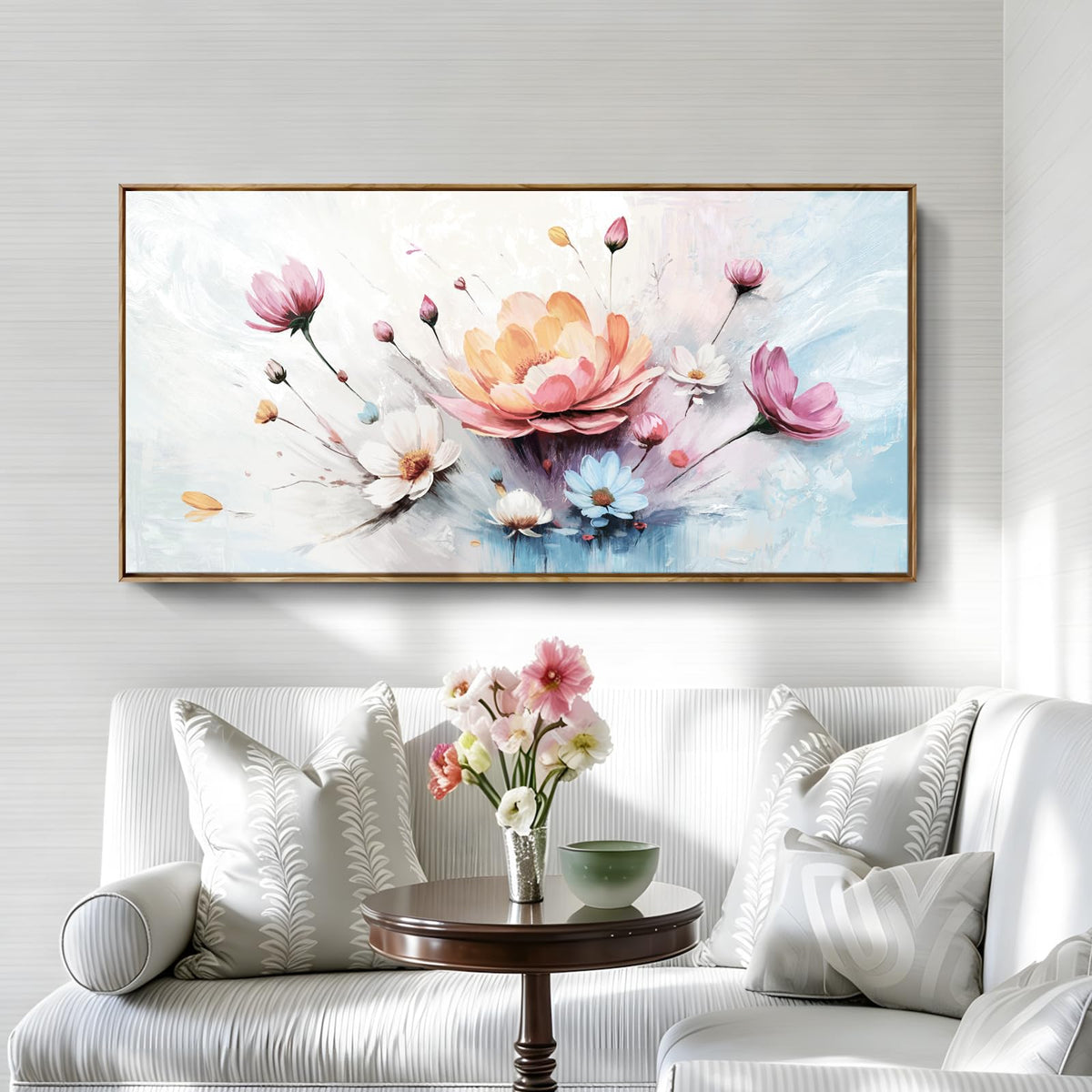 Framed Abstract Natural Floral Wall Art For Living Room 48X24 In (Colorful Plant Wall Art / 48"L x 24"W(Framed))