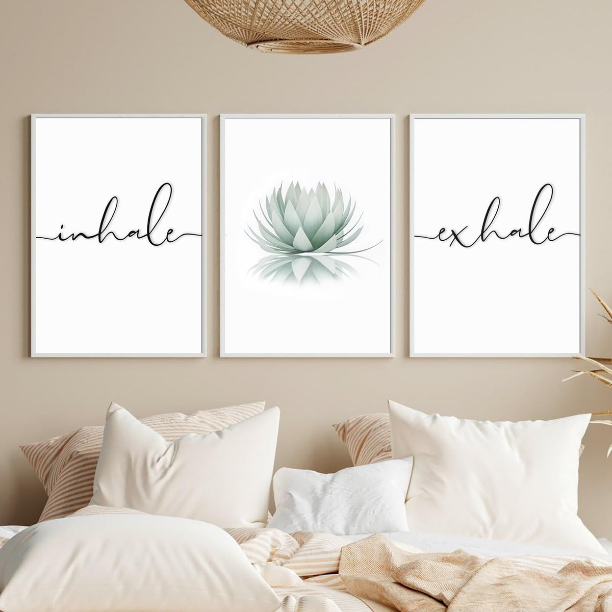 Zen Above Bed Poster Print Decor Inhale Exhale Green Lotus Flower Canvas Wall Art Painting Yoga Calming Meditation Artwork Pictures Bedroom Living Room Decoration 16x24 Inch Unframed Set of 3 (Green Lotus Art Prints / 16x24 Inch)