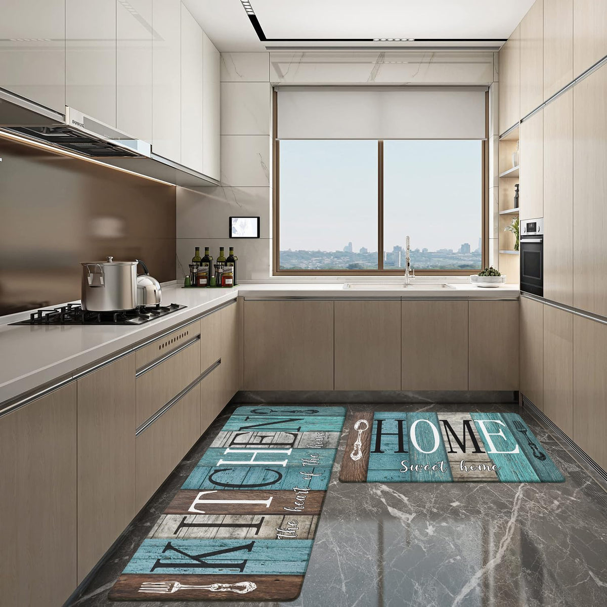 Anti Fatigue Farmhouse Kitchen Rugs Set of 2 (Sweet Home-blue)