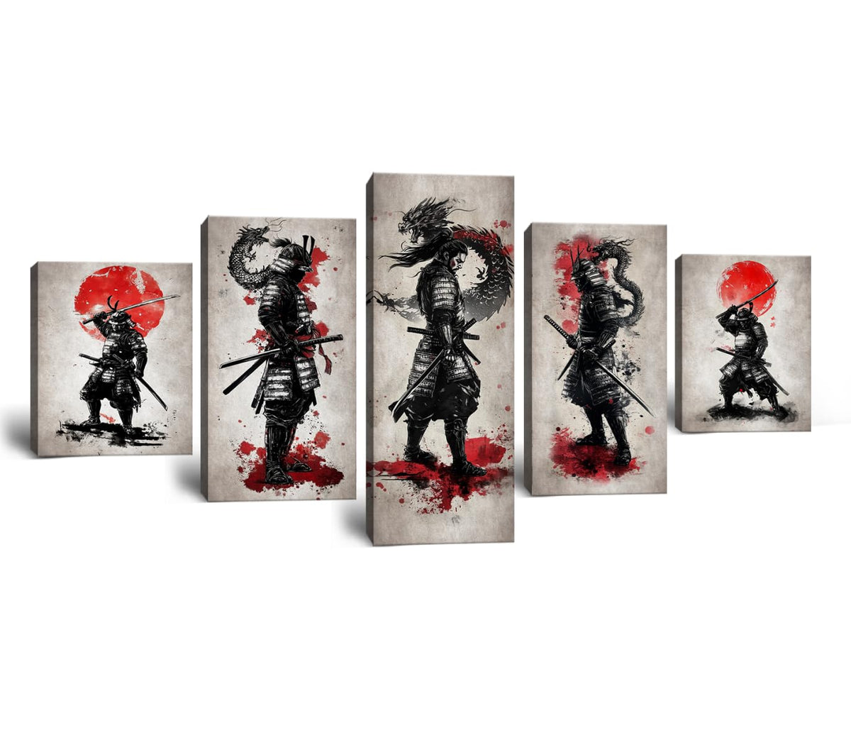 Japan Samurai Canvas Wall Art Japanese Style Full Moon Ninja Dragon Wall Decor Bushido Pictures Asian Posters Warrior Prints Paintings for Living Room Bedroom Home Decoration Framed 5 Piece (60"Wx32"H / Samurai 5P-4)