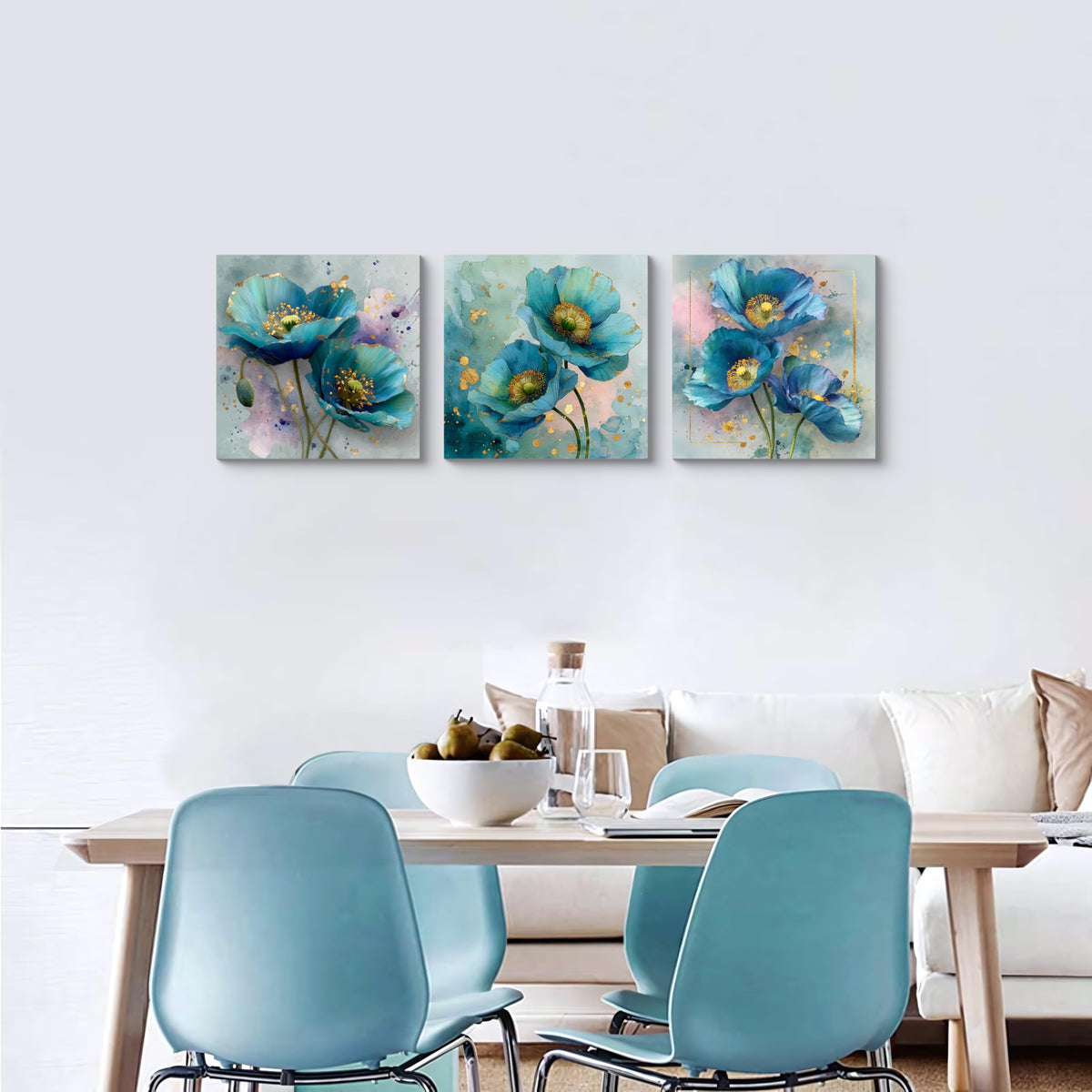 3Pcs Blue Teal Poppy Flower Wall Art Canvas Print with Gold Accents Modern Botanical Floral Contemporary Watercolor Style Elegant Flower Artwork for Living Room Bedroom Home Office Wall Decor (14 x 14 inches (3-Piece Set) / Blue Poppy)