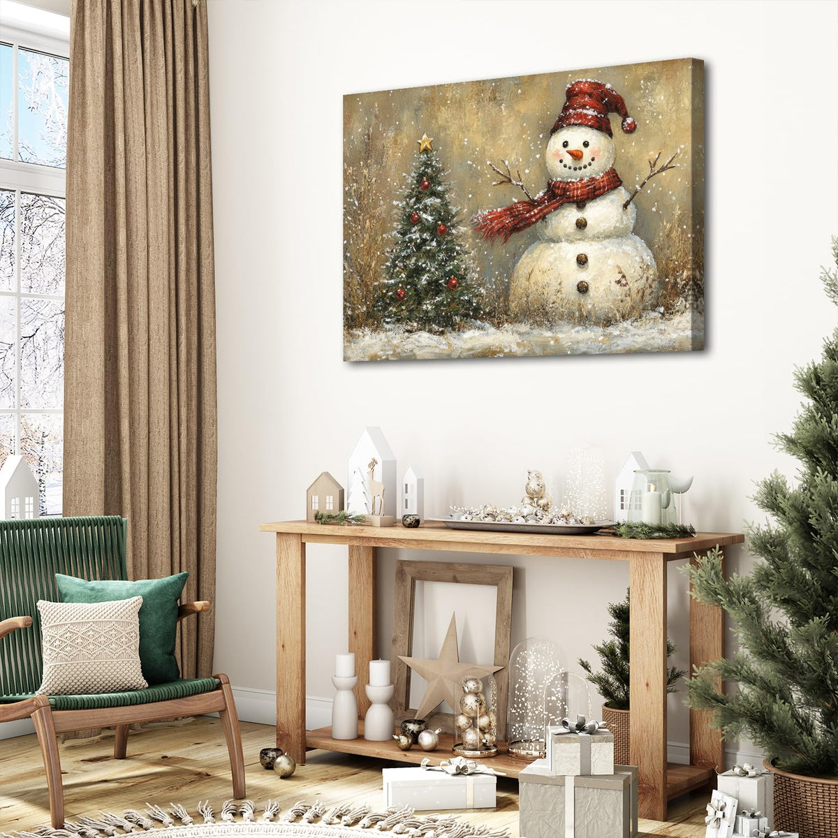Christmas Poster Wall Art Living Room Bedroom Vintage Winter Snowy Landscape Wall Decor Farmhouse Christmas Seasonal Tree Framed Canvas Snowman Artwork Print Festival Pictures Home Decoration 24x36 (36"L x 24"W / Snowman Tree)