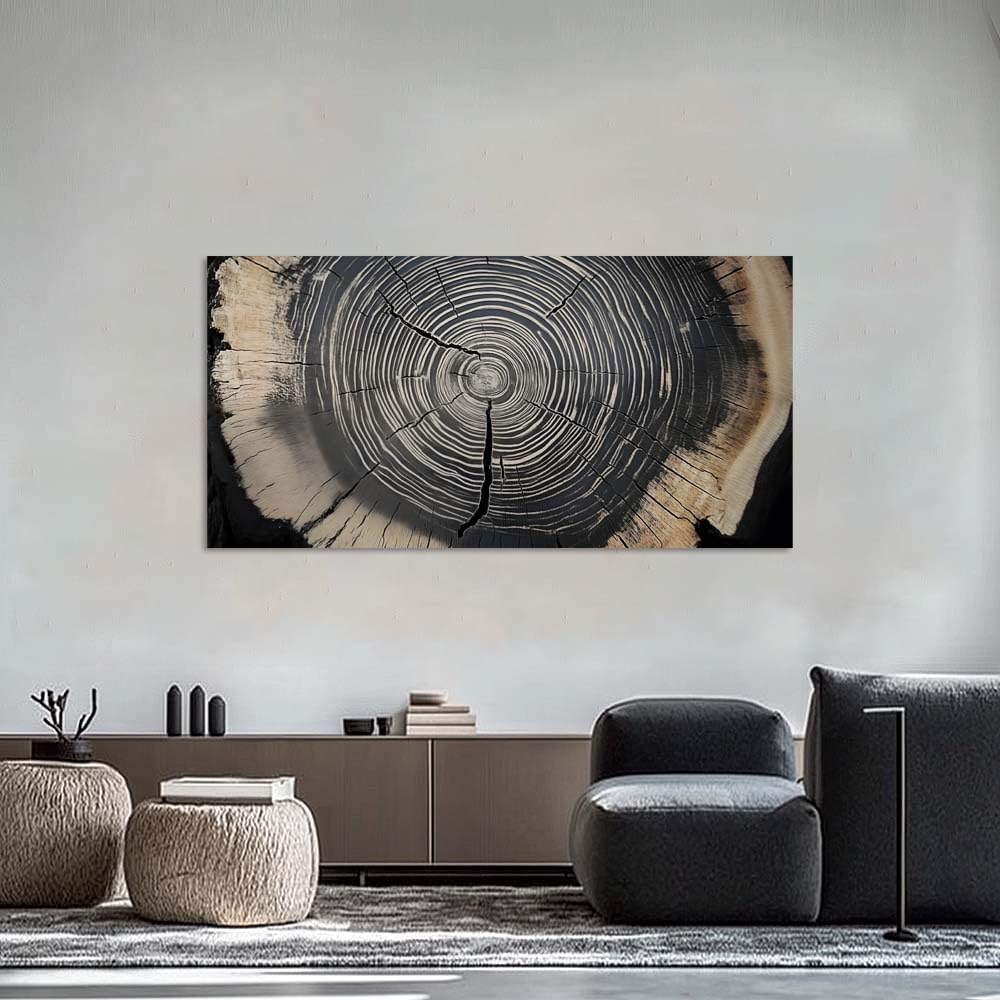 Rustic Tree Ring Canvas Wall Art Modern Wood Slice Cross Section Painting Flat Print Gallery Wrapped Nature Artwork for Living Room Bedroom Bathroom Decor (Wildlife / Black Tree Rings 37 / 40"L x 20"W)