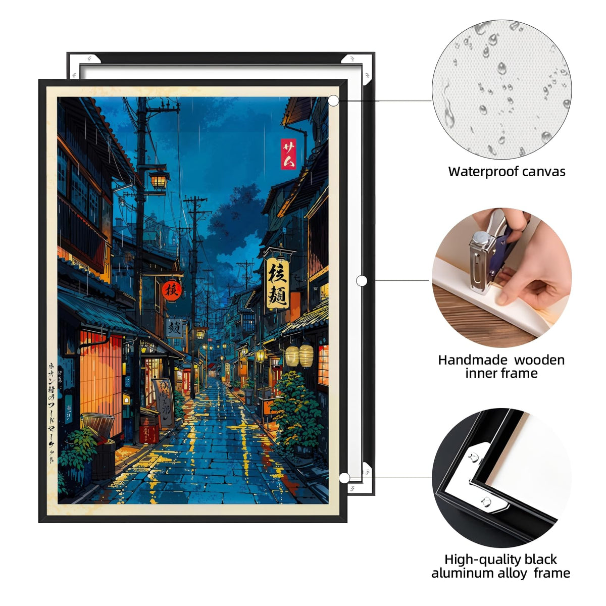 Japanese Tokyo Tea House Wall Art Poster Kyoto Night Street Art Canvas Print Retro Japan Illustration Decor Vintage Urban Street Scene for Bedroom Living Room Aesthetic 8x12inch Black Aluminum Frame (8"L x 12"W / style-1 Black Aluminum Frame)