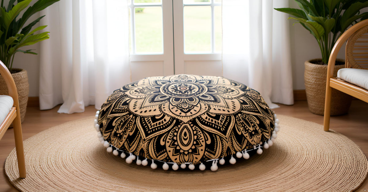 32" in Round Mandala Floor Pillow Cushion Cover Seating Throw Cover Hippie Decorative Bohemian Ottoman Poufs Pillow Cover Cases Boho Cotton Living Yoga Home Décor Room (Black Gold Flower)