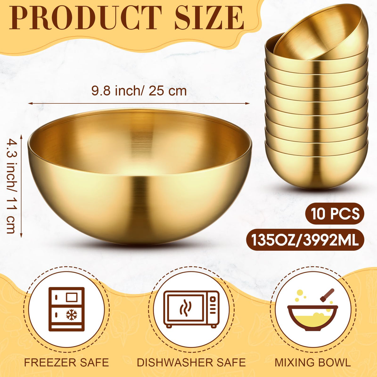 10 Pcs 9.8 Inch Gold Bowls Stainless Steel Salad Mixing Bowls (9.8 Inch / Gold)