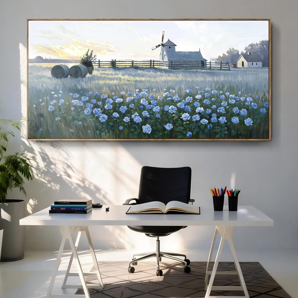 Oversize Framed Modern Wall Art (Farm Windmill Flower Wall Art / 58"L x 29"W(Framed))